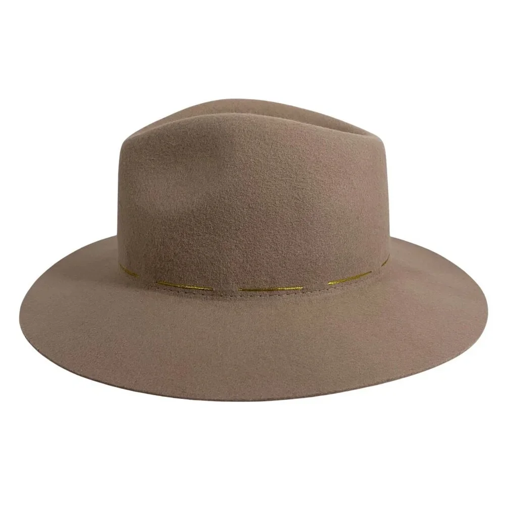 Morgan & Taylor 100% Australian Wool Tan Fedora Hat Gold Trim Band OSFM Adj NWT